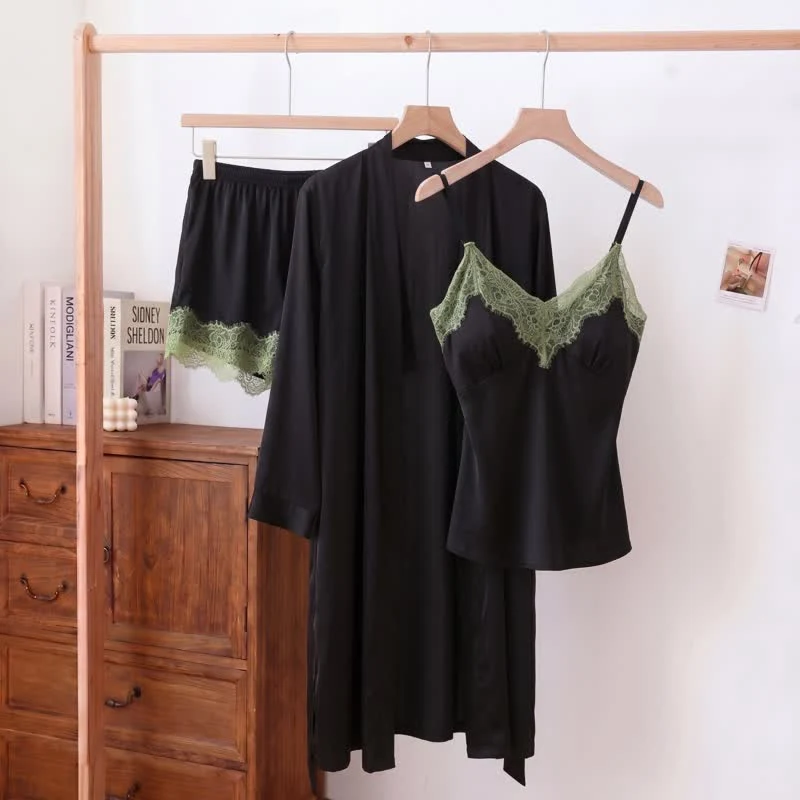 Pyjama-Set mit einfarbigem V-Ausschnitt und Spitzenbesatz (3-teilig)