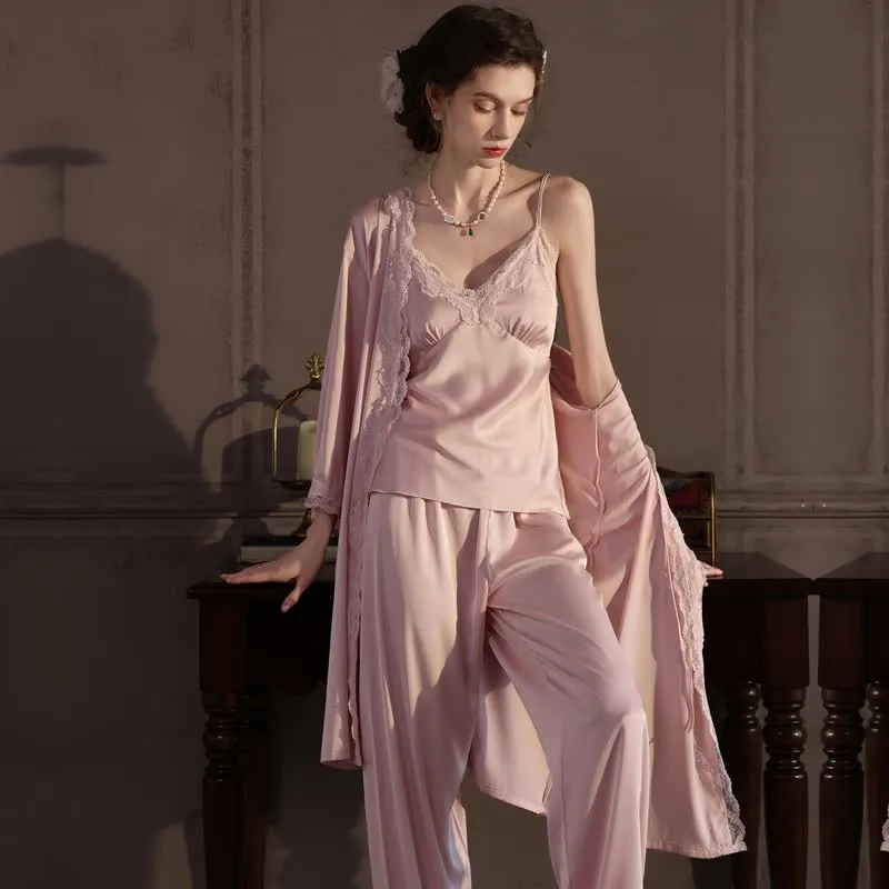 Elegantes Loungewear-Set mit seidigem Spitzenbesatz (3-teilig)
