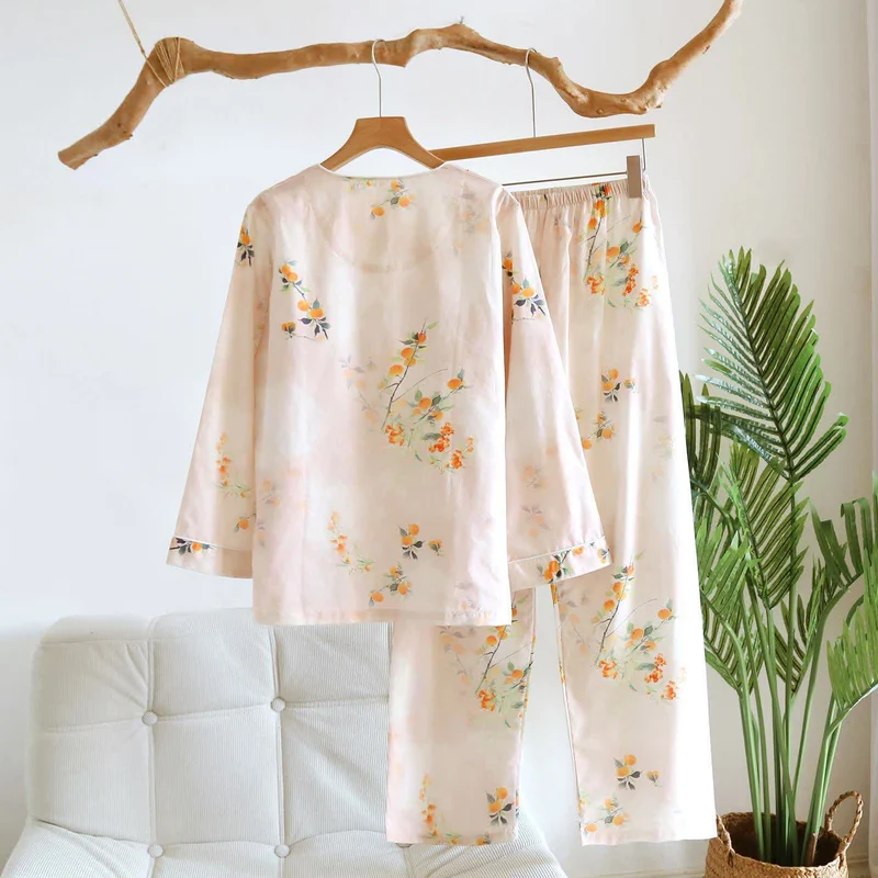Orientalisches Loungewear-Set aus gelber Baumwolle mit Beerenmuster