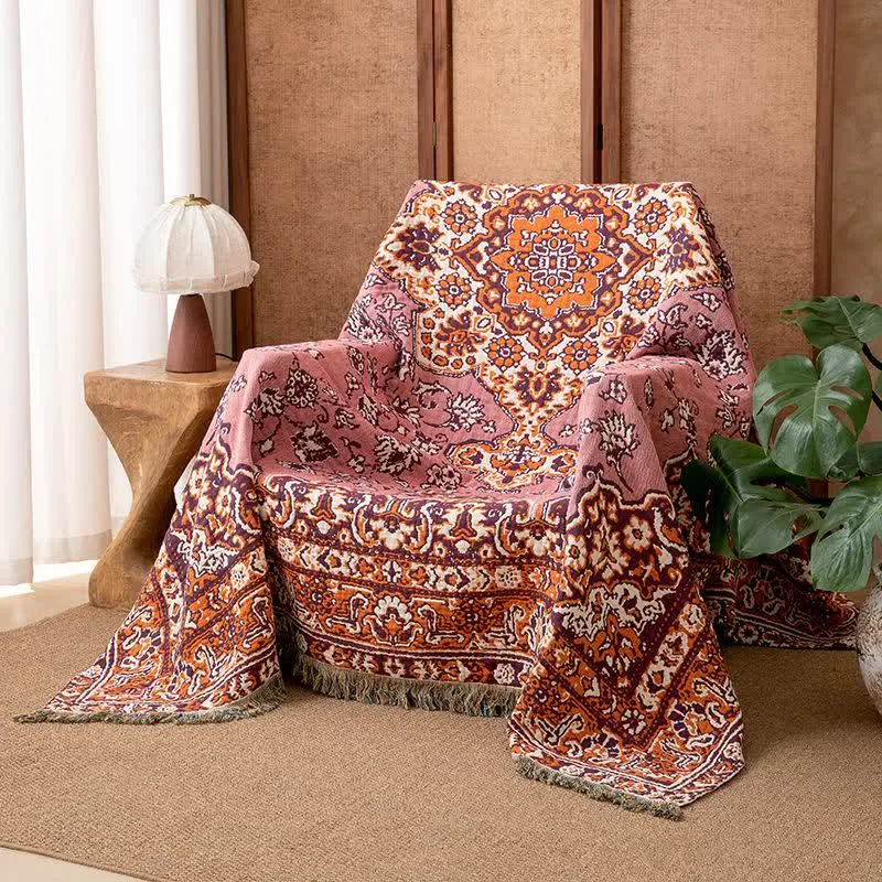 Vintage-Sofadecke aus Baumwolle mit Blumenmuster und Quasten