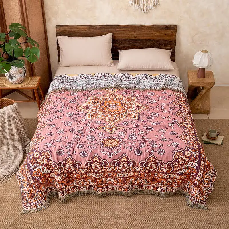Vintage-Sofadecke aus Baumwolle mit Blumenmuster und Quasten
