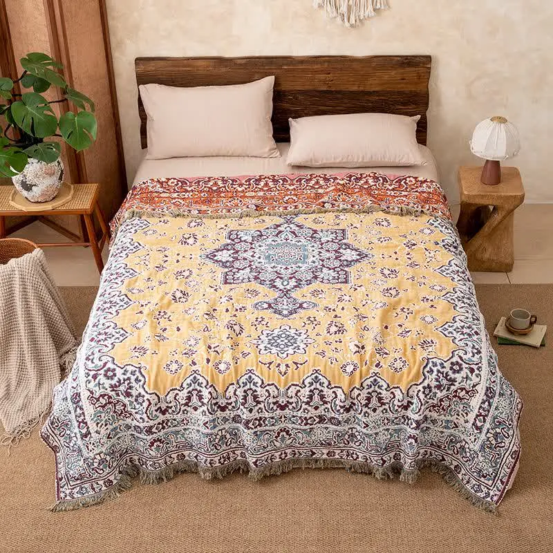 Vintage-Sofadecke aus Baumwolle mit Blumenmuster und Quasten