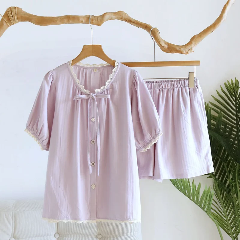 Kurzes Pyjama-Set in Unifarbe mit Spitzenbesatz