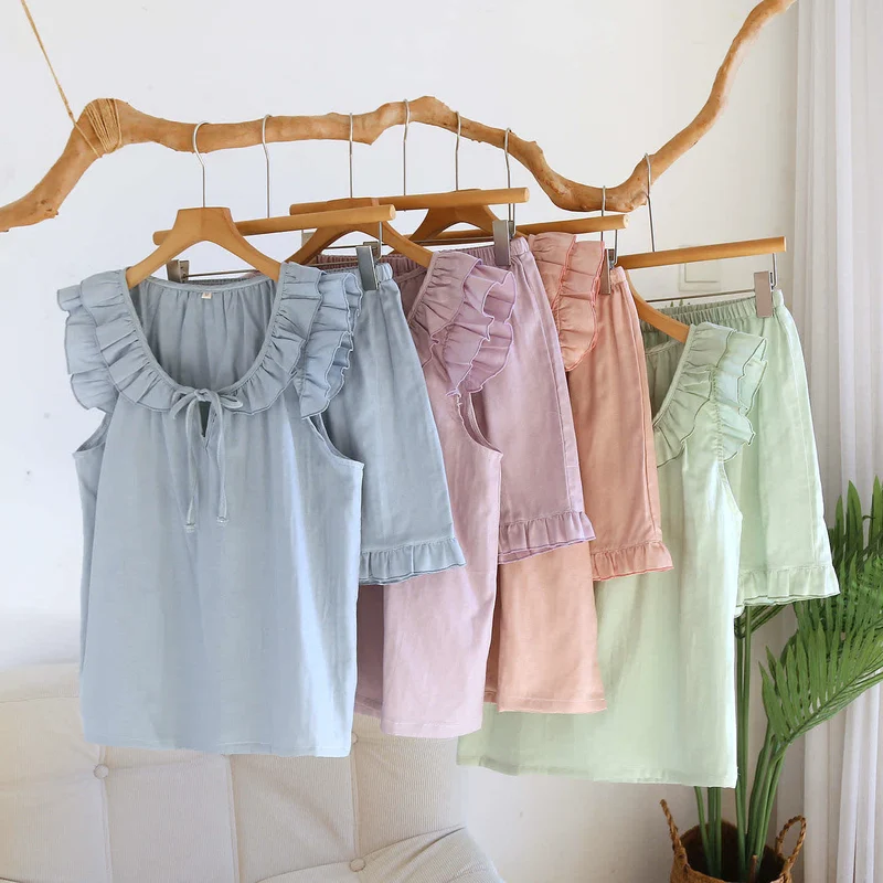 Einfarbiger Rüschen-Tanktop-Pyjama-Set
