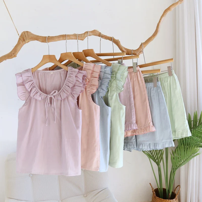 Einfarbiger Rüschen-Tanktop-Pyjama-Set