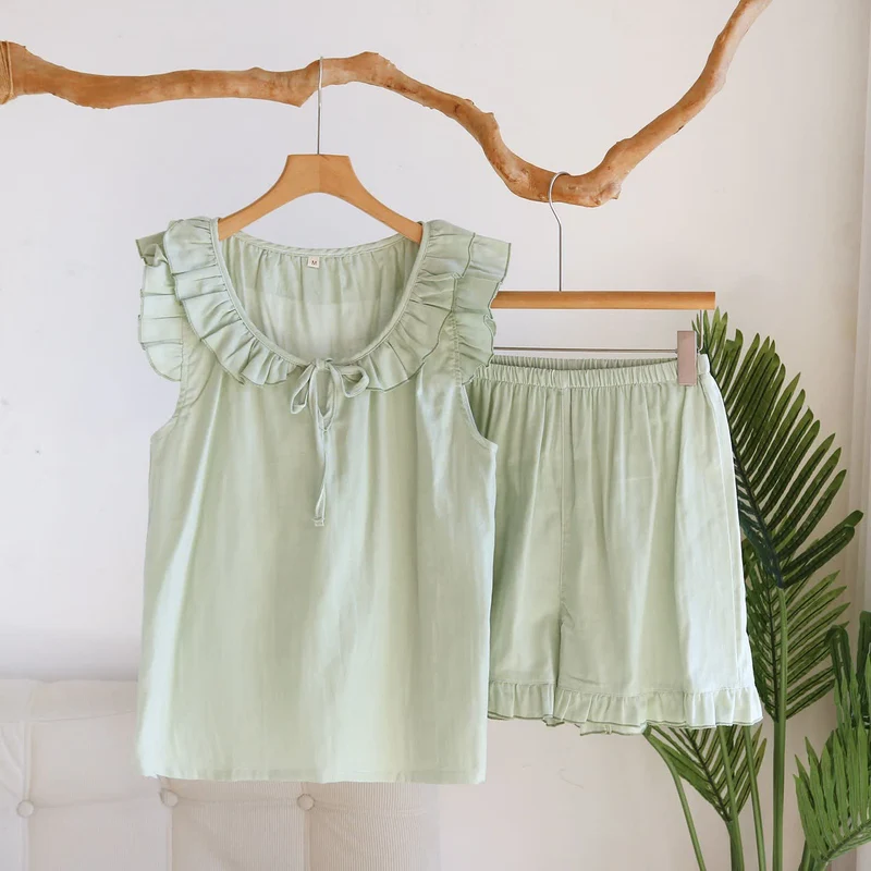 Einfarbiger Rüschen-Tanktop-Pyjama-Set