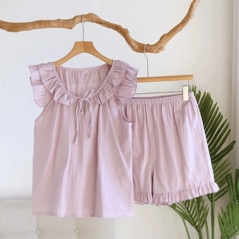 Einfarbiger Rüschen-Tanktop-Pyjama-Set
