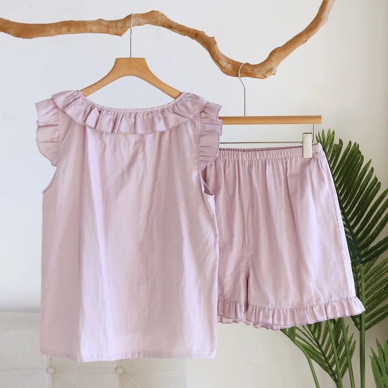 Einfarbiger Rüschen-Tanktop-Pyjama-Set