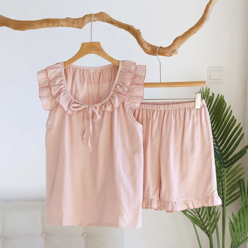 Einfarbiger Rüschen-Tanktop-Pyjama-Set