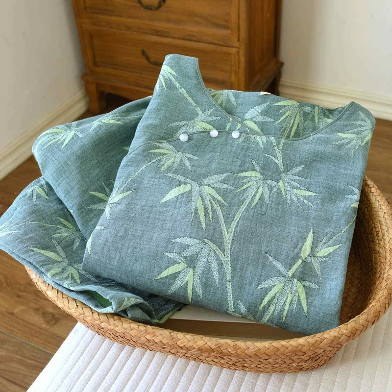 Pyjama aus grünem Bambus-Jacquard-Baumwollgaze
