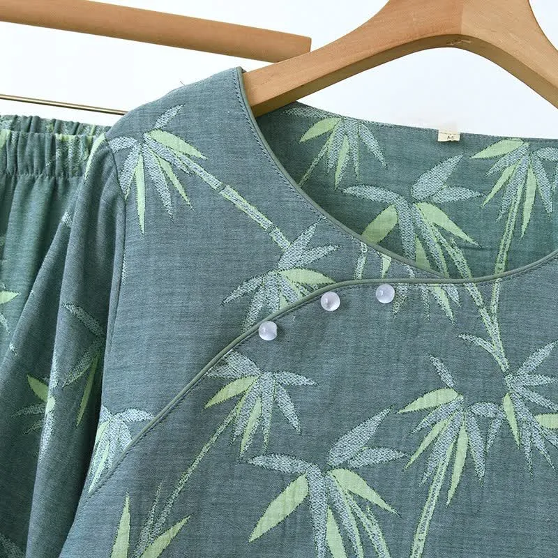 Pyjama aus grünem Bambus-Jacquard-Baumwollgaze