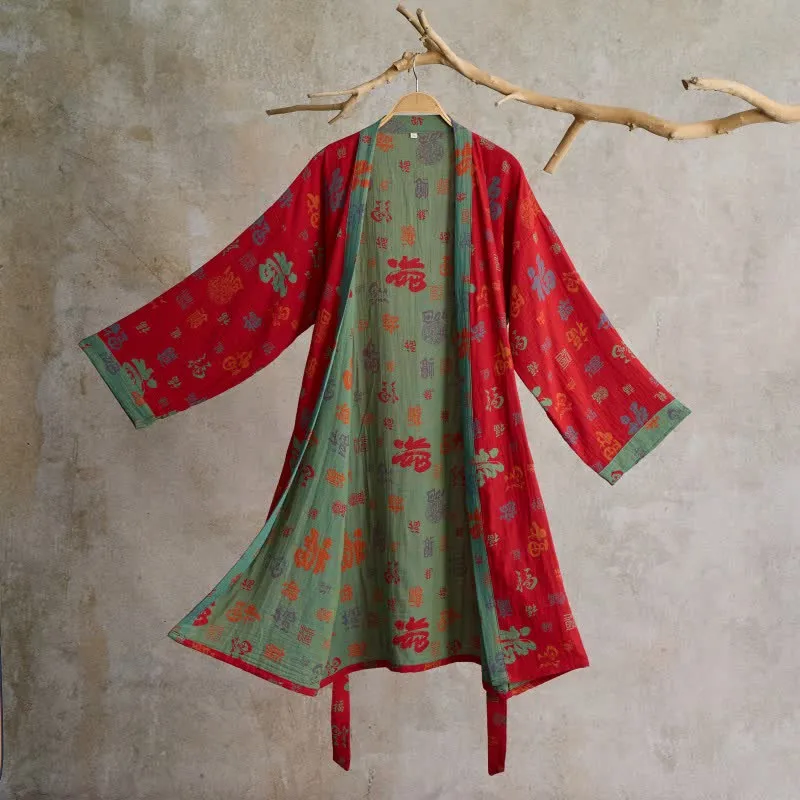 Kimono-Robe aus Baumwollgaze mit Glücksmuster