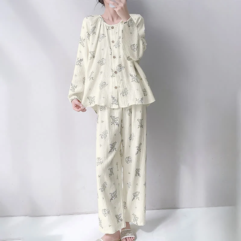 Loungewear-Set aus doppellagiger Baumwolle mit Blattmuster