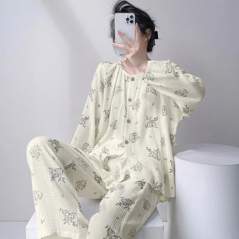 Loungewear-Set aus doppellagiger Baumwolle mit Blattmuster