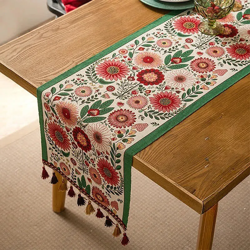 Tischläufer aus rosafarbenem Jacquard-Blumenmuster mit Quasten