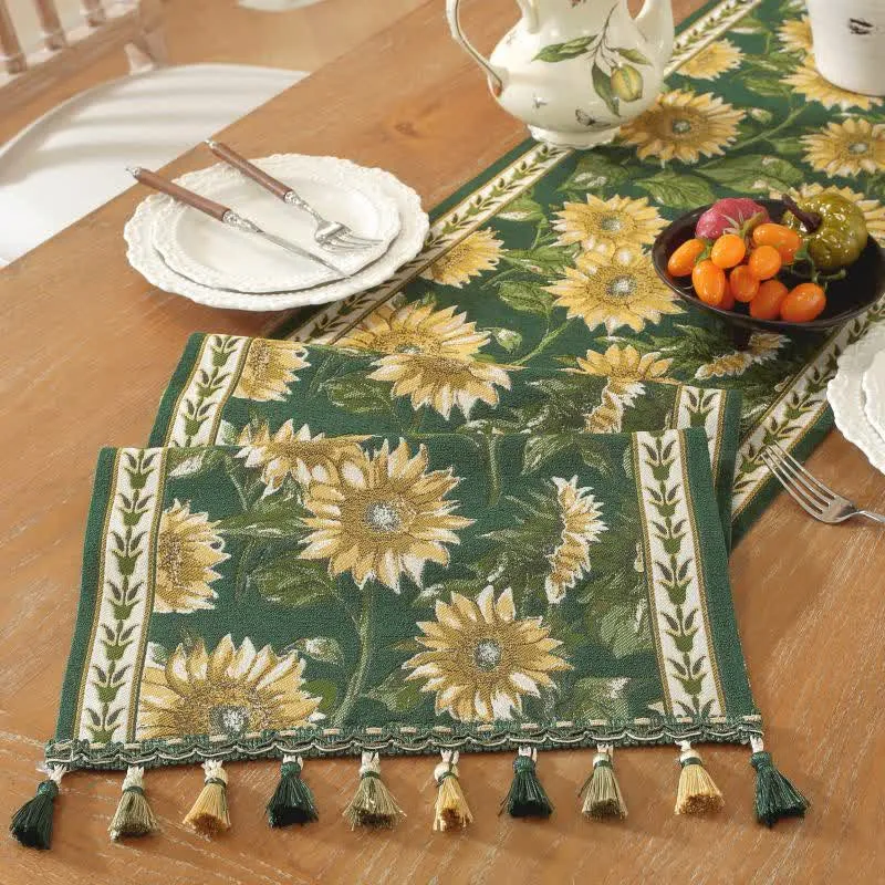 Tischläufer mit Sonnenblumen-Jacquardmuster und Quasten