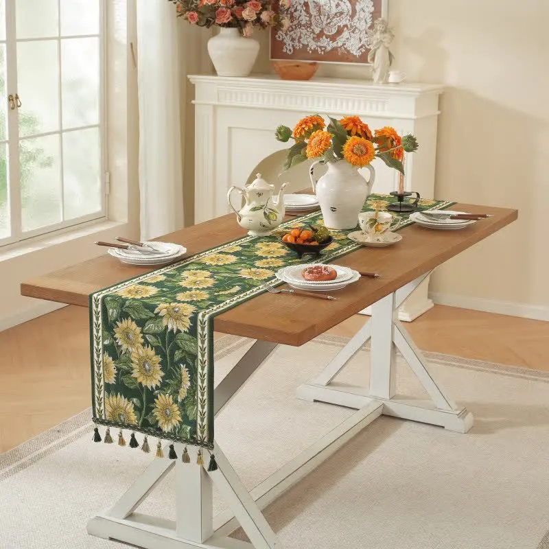 Tischläufer mit Sonnenblumen-Jacquardmuster und Quasten