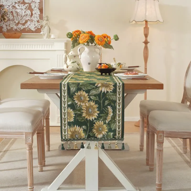 Tischläufer mit Sonnenblumen-Jacquardmuster und Quasten