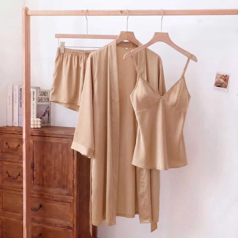 Einfarbiges, seidiges Cami-Pyjama-Set (3-teilig)