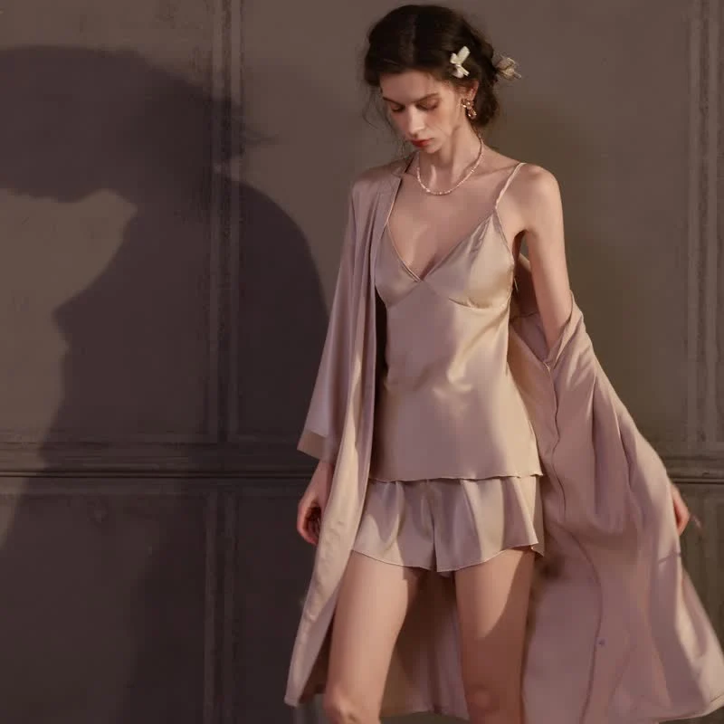 Einfarbiges, seidiges Cami-Pyjama-Set (3-teilig)