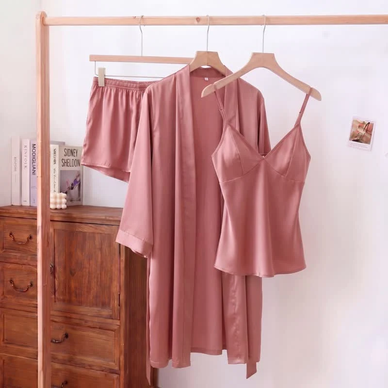 Einfarbiges, seidiges Cami-Pyjama-Set (3-teilig)