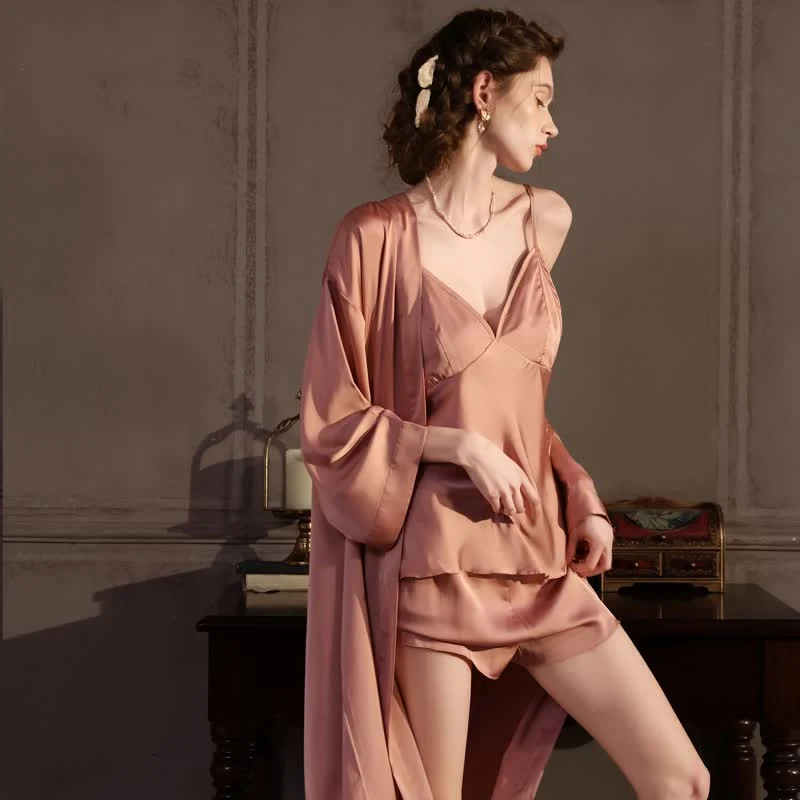 Einfarbiges, seidiges Cami-Pyjama-Set (3-teilig)