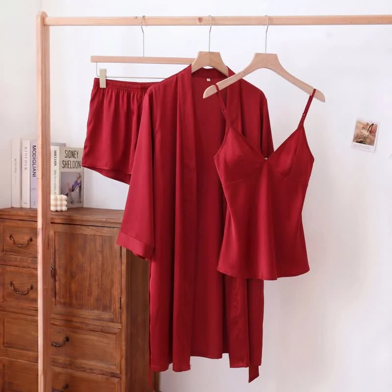 Einfarbiges, seidiges Cami-Pyjama-Set (3-teilig)