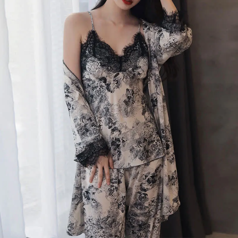 Elegantes schwarzes Camisole-Bademantel-Set mit Blumenmuster und Spitze (3-teilig)