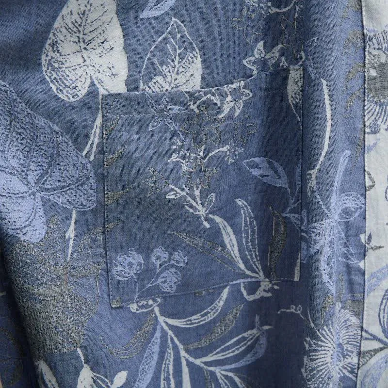 Kimono-Robe aus Baumwollgaze mit pastoralem Blattmuster