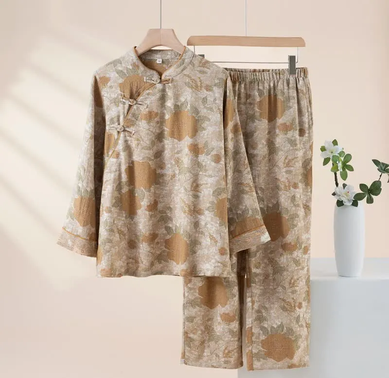 Vintage-Pyjama-Set aus Baumwolle mit Blumenmuster und Stehkragen