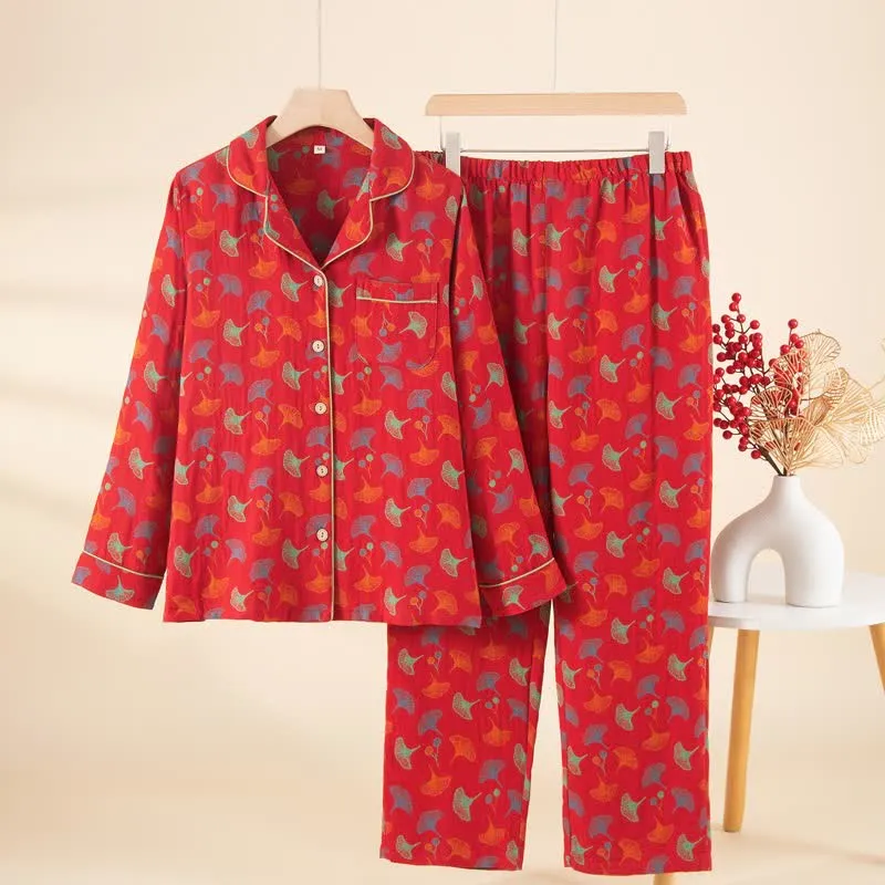 Pyjama-Set aus Baumwollgaze mit Ginkgoblatt