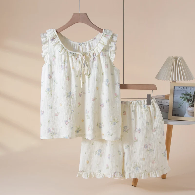 Pyjama aus Baumwollgaze mit Cartoon-Hasen- und Blumenmuster