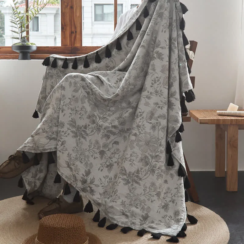 Sofadecke aus Baumwoll-Leinen-Mischgewebe mit dezentem Blumenmuster und Jacquard-Print