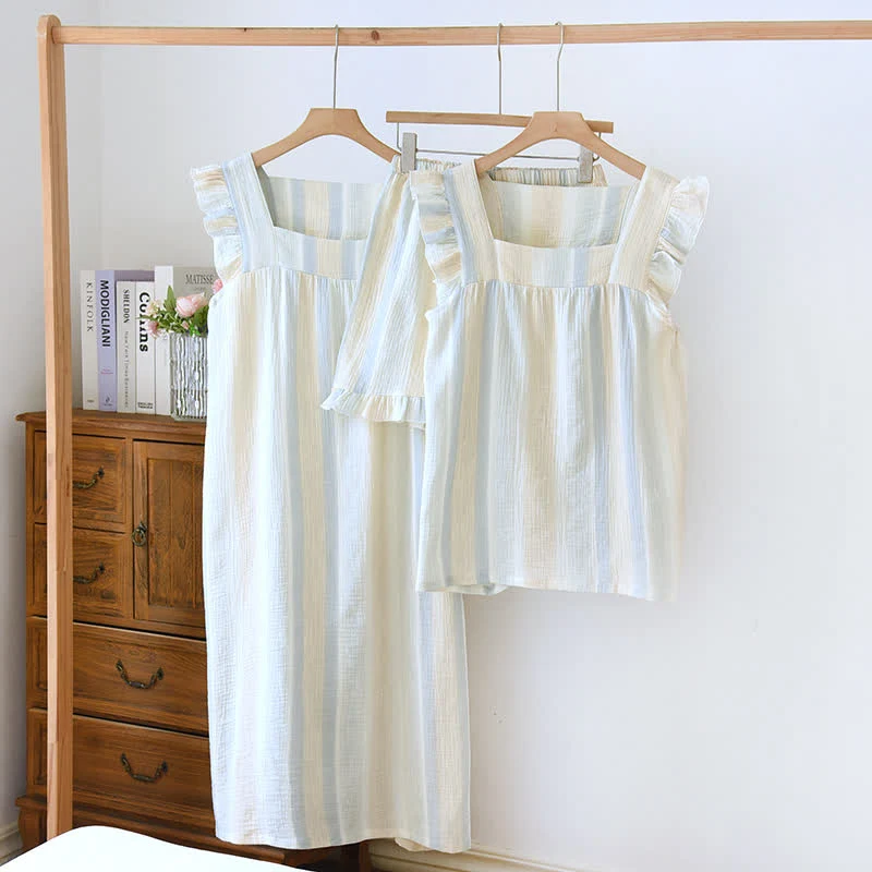 Tanktop-Loungewear aus Baumwollgaze mit Streifen und Rüschenbesatz