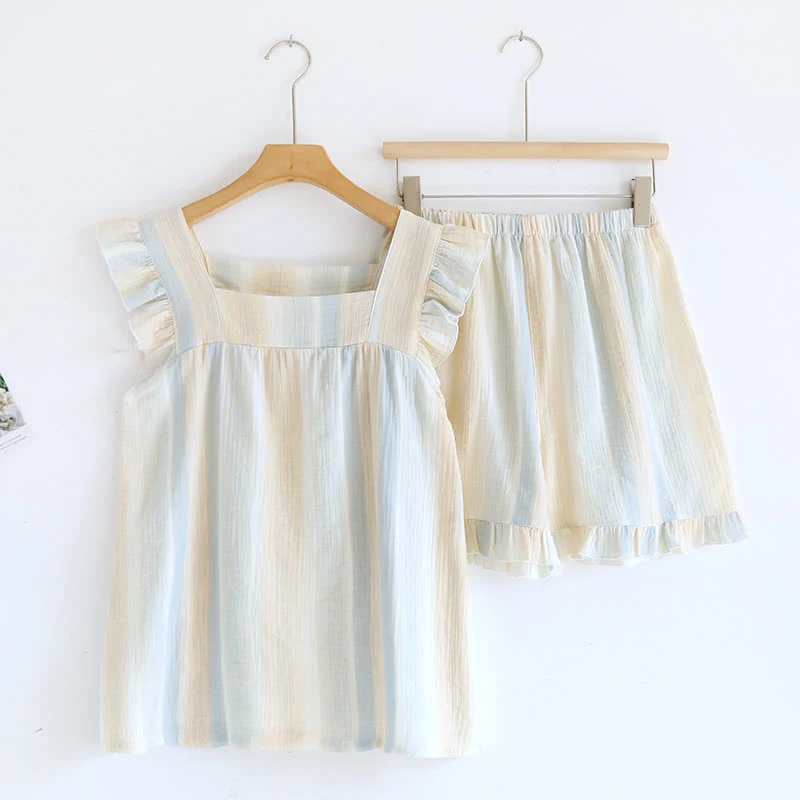 Tanktop-Loungewear aus Baumwollgaze mit Streifen und Rüschenbesatz