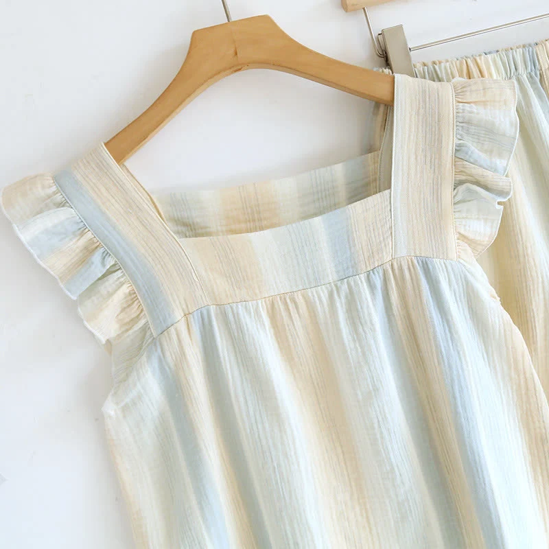 Tanktop-Loungewear aus Baumwollgaze mit Streifen und Rüschenbesatz