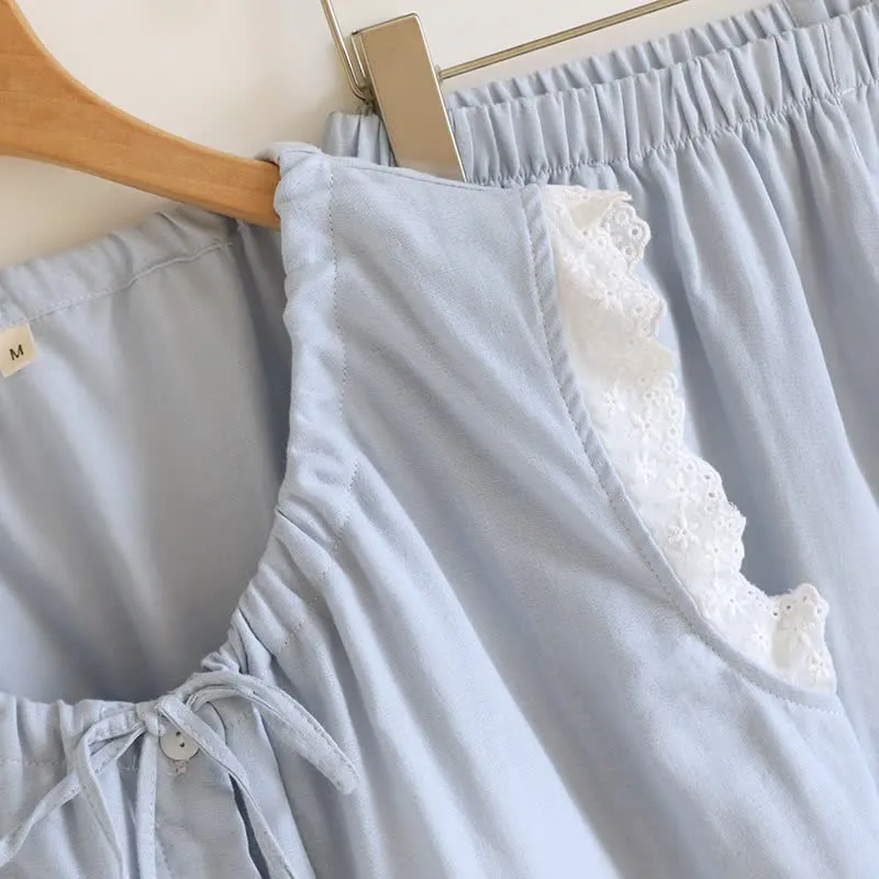 Tanktop-Pyjama aus einfarbiger Baumwolle mit Spitzenbesatz