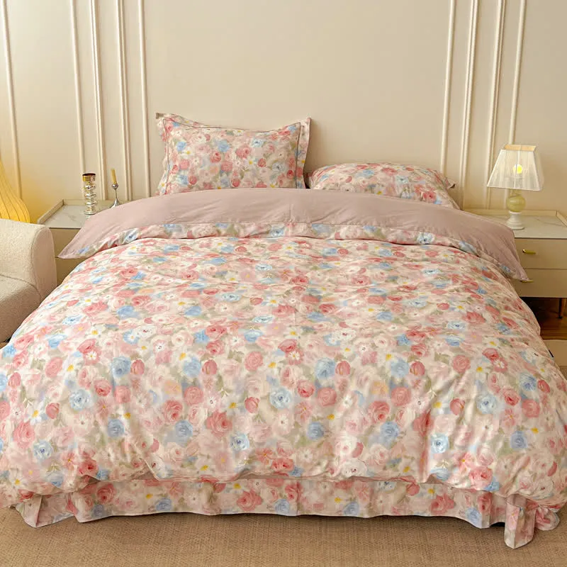 Traumhaftes rosa Rosen-Bettwäscheset aus gebürsteter Baumwolle (4-teilig)