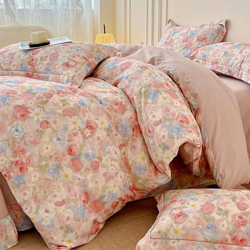 Traumhaftes rosa Rosen-Bettwäscheset aus gebürsteter Baumwolle (4-teilig)