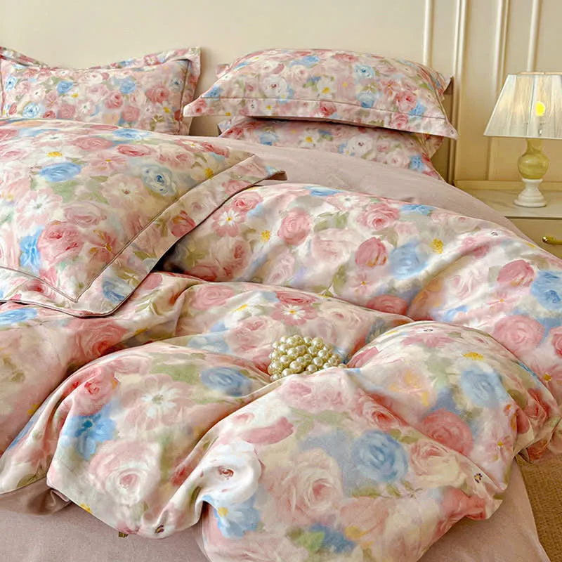 Traumhaftes rosa Rosen-Bettwäscheset aus gebürsteter Baumwolle (4-teilig)