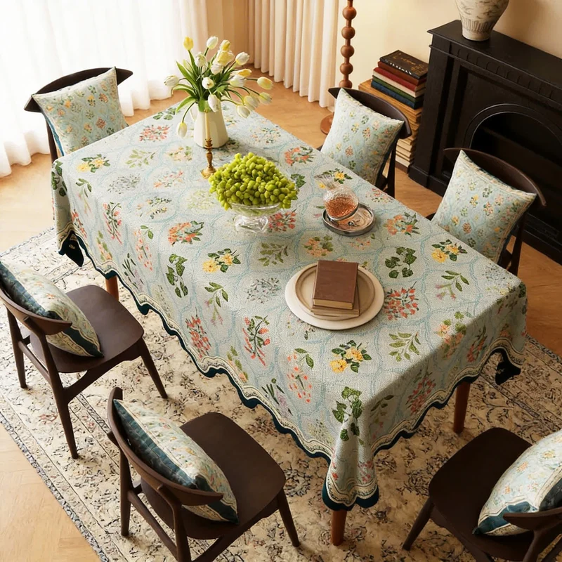 Tischdecke mit botanischem Blumenmuster und gewelltem Rand