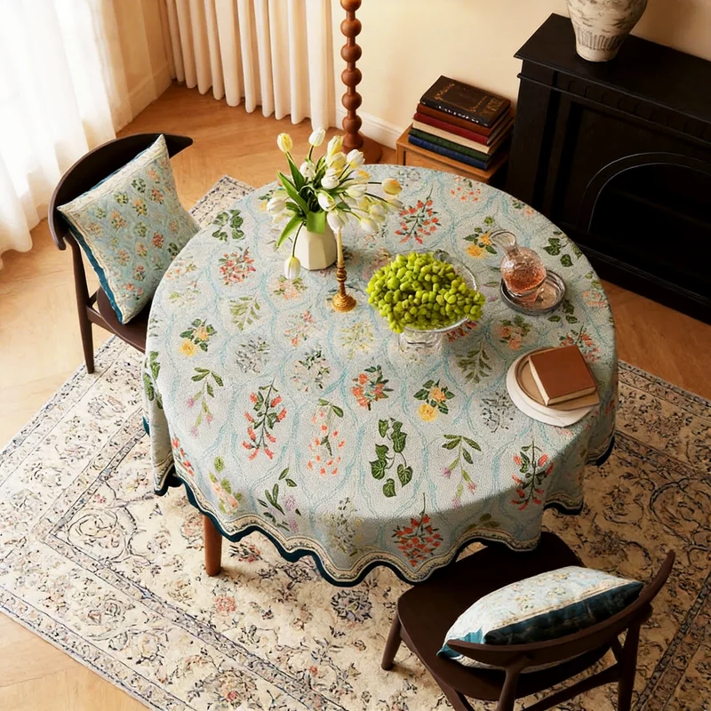 Tischdecke mit botanischem Blumenmuster und gewelltem Rand