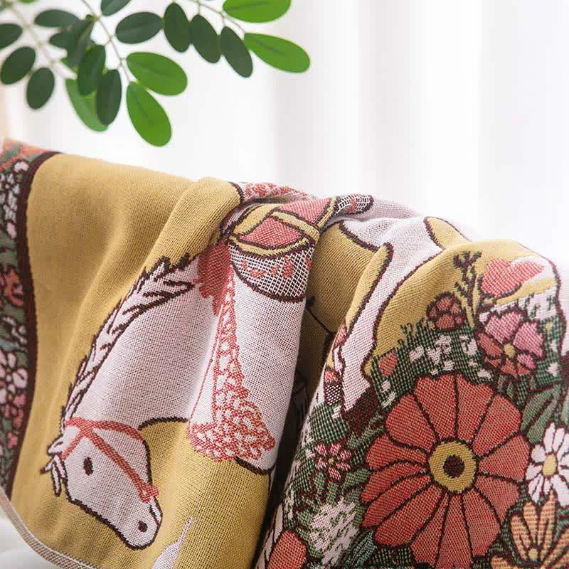 Rustikales Baumwollhandtuch mit Pferde- und Blumenmuster