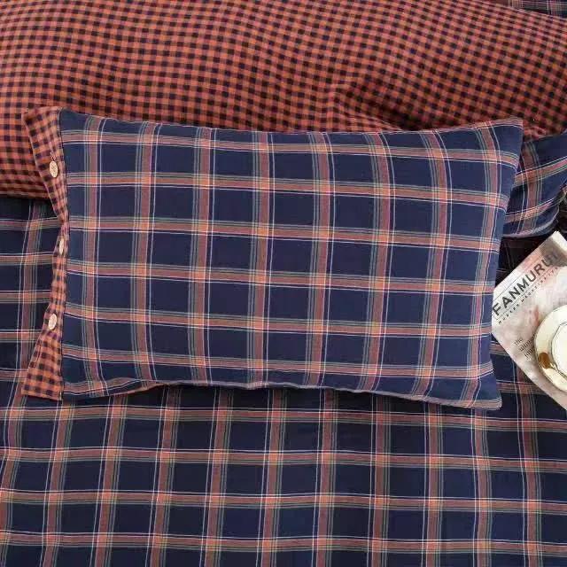 Retro-Karo-Bettwäscheset aus Baumwollgaze mit Knöpfen (4-teilig)