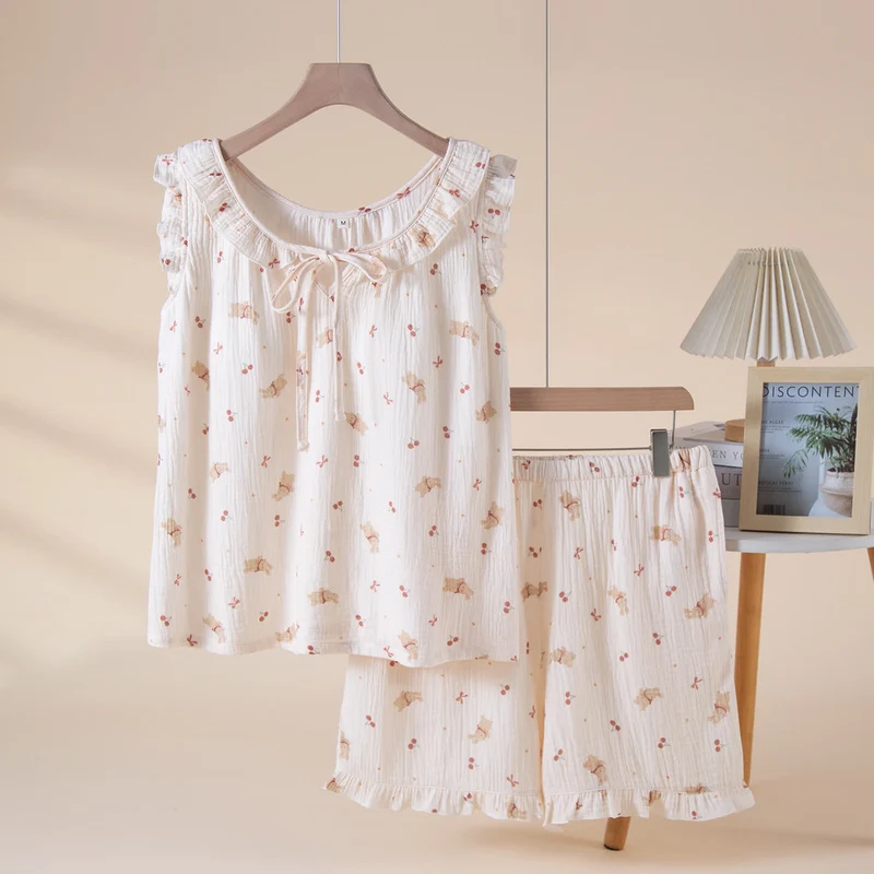 Pyjama-Set aus Baumwollgaze mit Kirsch- und Hasenmotiv