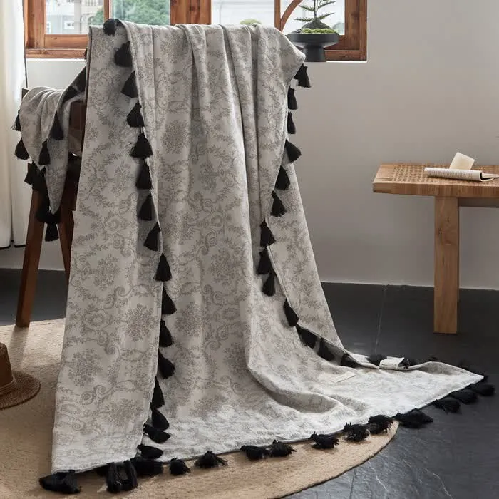 Vintage-Decke aus Baumwoll-Leinen-Mischgewebe mit botanischem Jacquardmuster
