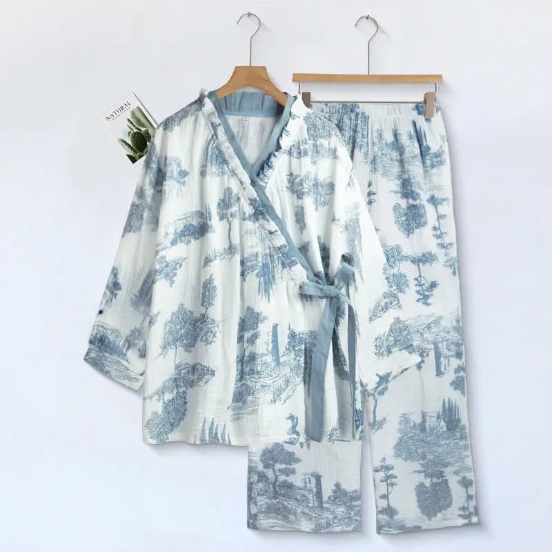 Loungewear-Set mit Rüschenkragen und Landschaftsmotiv