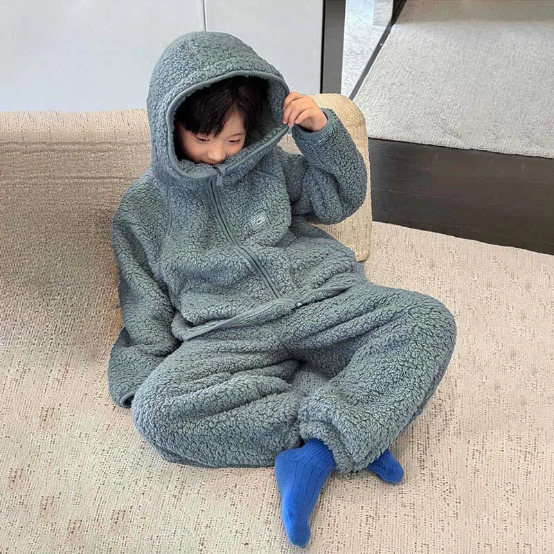 Einfarbiges Kinder-Loungewear-Set mit Kapuze und Reißverschluss
