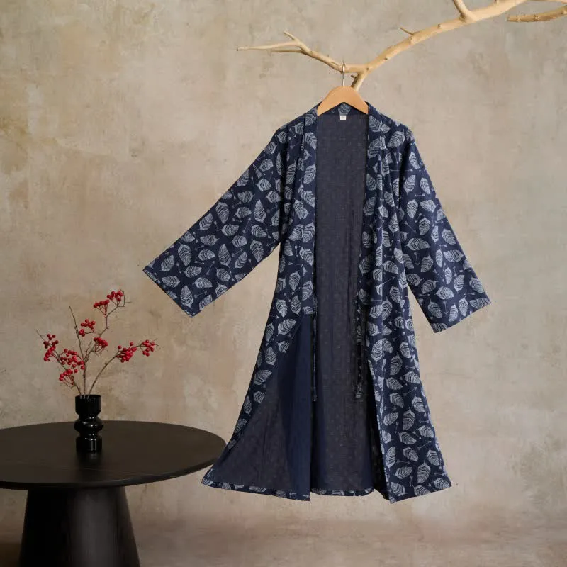Kimono-Bademantel aus Baumwolle mit Blattpfeil-Motiv