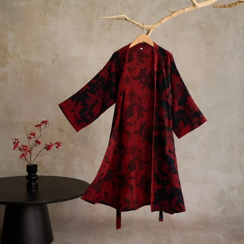 Kimono-Bademantel aus Baumwoll-Jacquard mit Pfingstrosenmuster